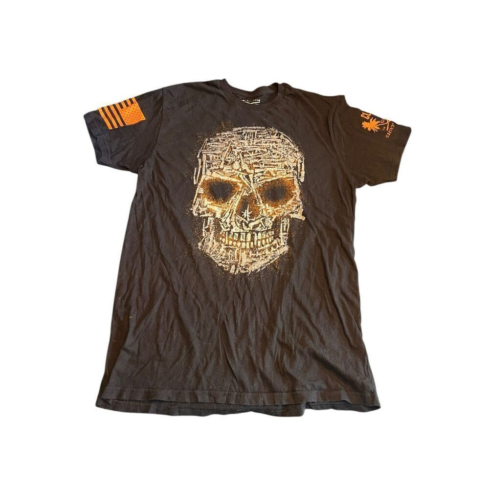 Y2K Grunt Style Gun Skull Black T-Shirt Mens Size Large Black Orange Grunge